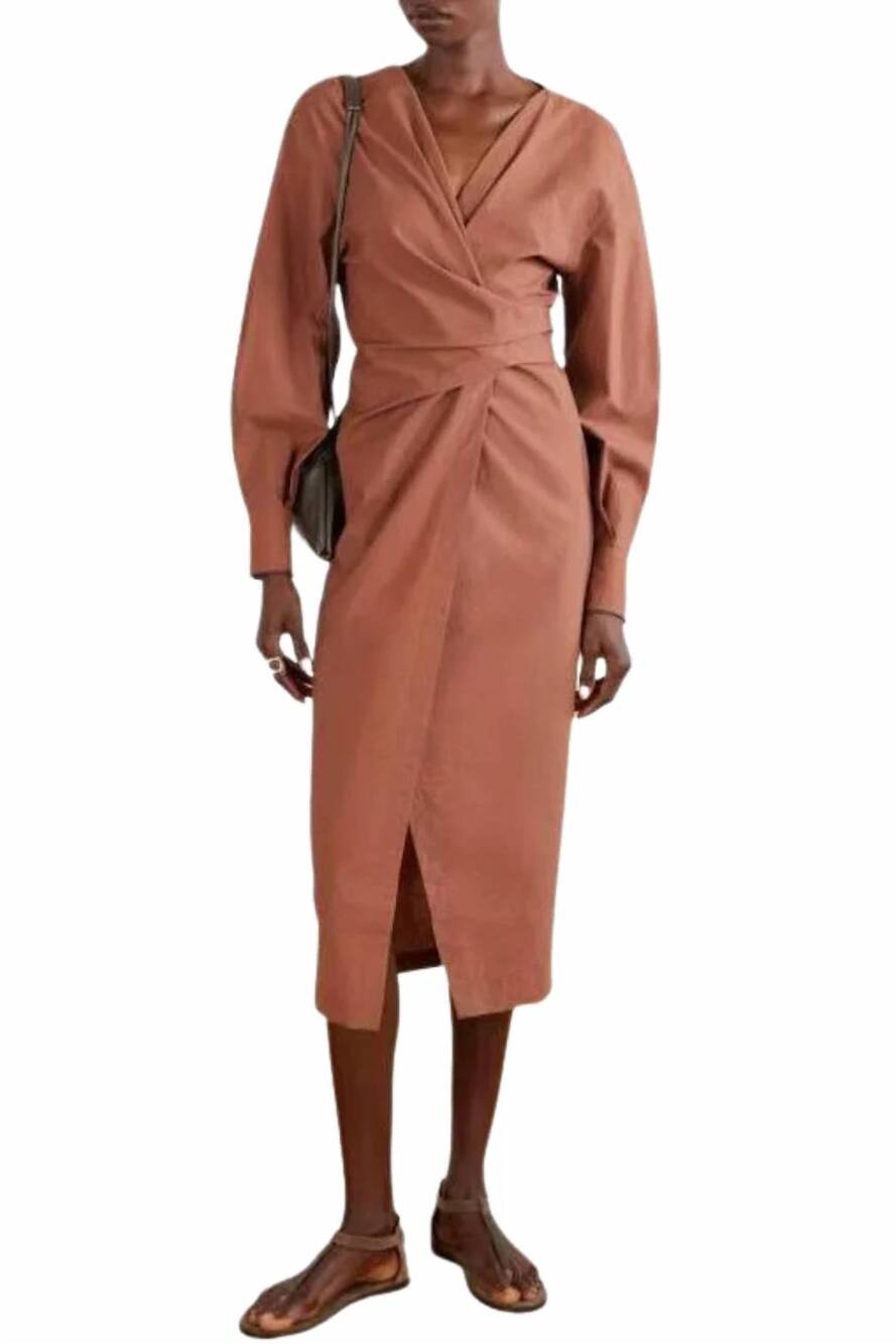 NEW BRUNELLO CUCINELLI women's embellished midi wrap dress in muted terracotta b
